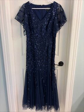 Alex Evenings Navy Embroidered Sequin Flutter Sleeve Tulle Maxi Dress